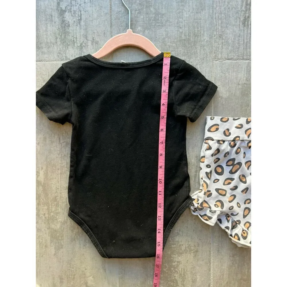 Los Angeles Boutique Black Bodysuit & Cotton Leopard Shorts Set Outfit Cute 18M